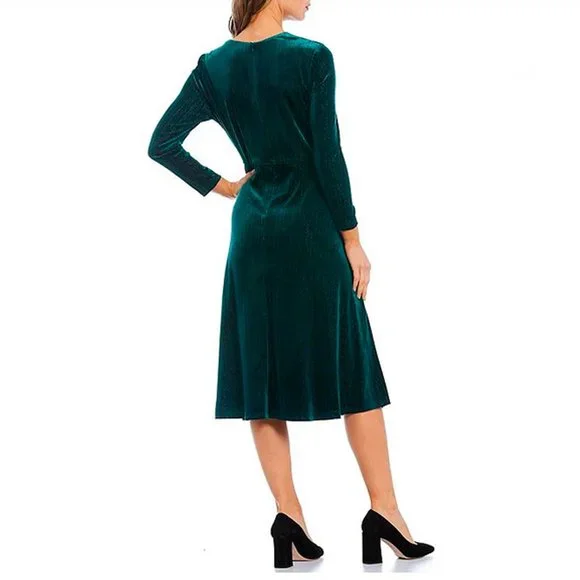 Maggy London Sz 12 Green Metallic Striped 3/4 Sleeve Velvet Midi Cocktail/Formal - Picture 2 of 15